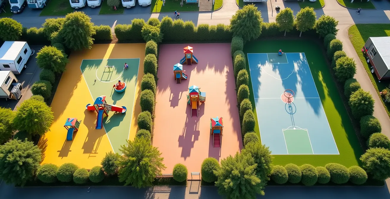 Verschiedene Spielbereiche für unterschiedliche Altersgruppen auf einem Campingplatz