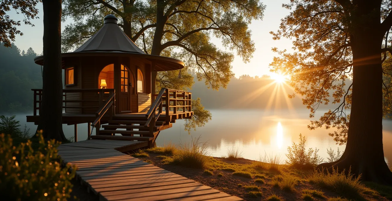 Luxuriöses Baumhaus mit Seeblick im deutschen Wald