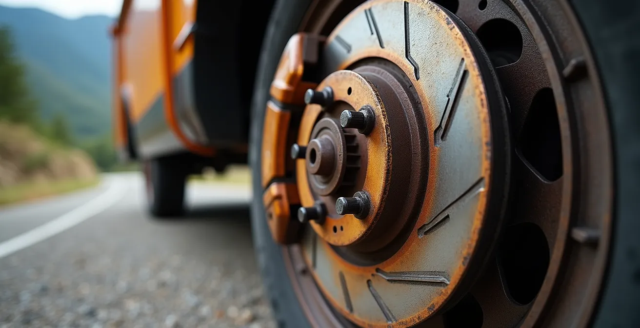 Detailaufnahme einer glühenden Bremsscheibe am Wohnmobil