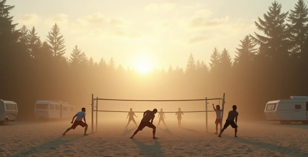 Camper beim gemeinsamen Aufwärmen vor dem Volleyballspiel auf dem Campingplatz