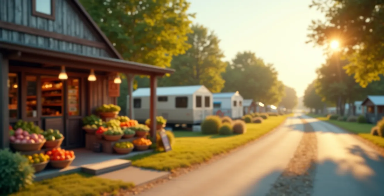 Weitwinkelaufnahme eines ländlichen Hofladens mit frischen Produkten neben einem Campingplatz