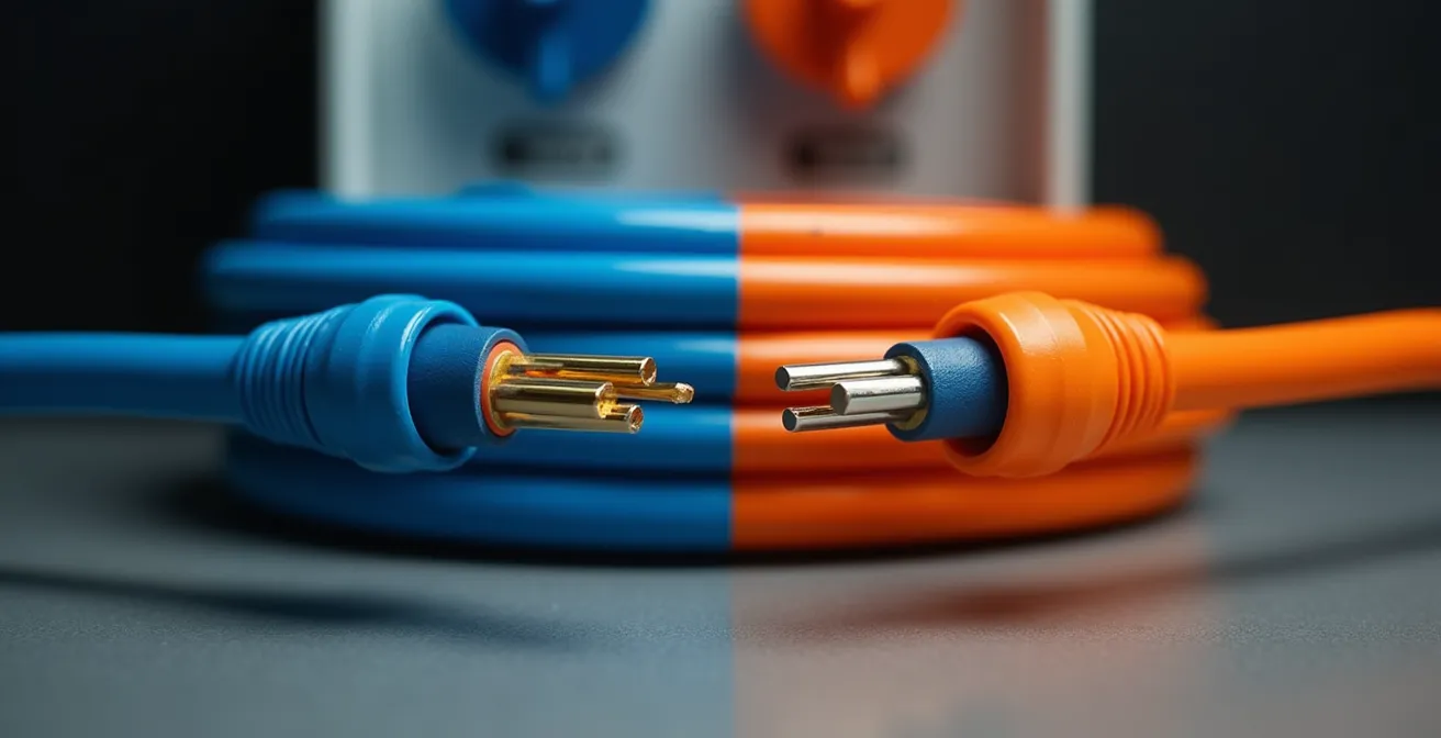 Vergleich zwischen normgerechtem Campingkabel und unzulässiger Baumarkt-Kabeltrommel