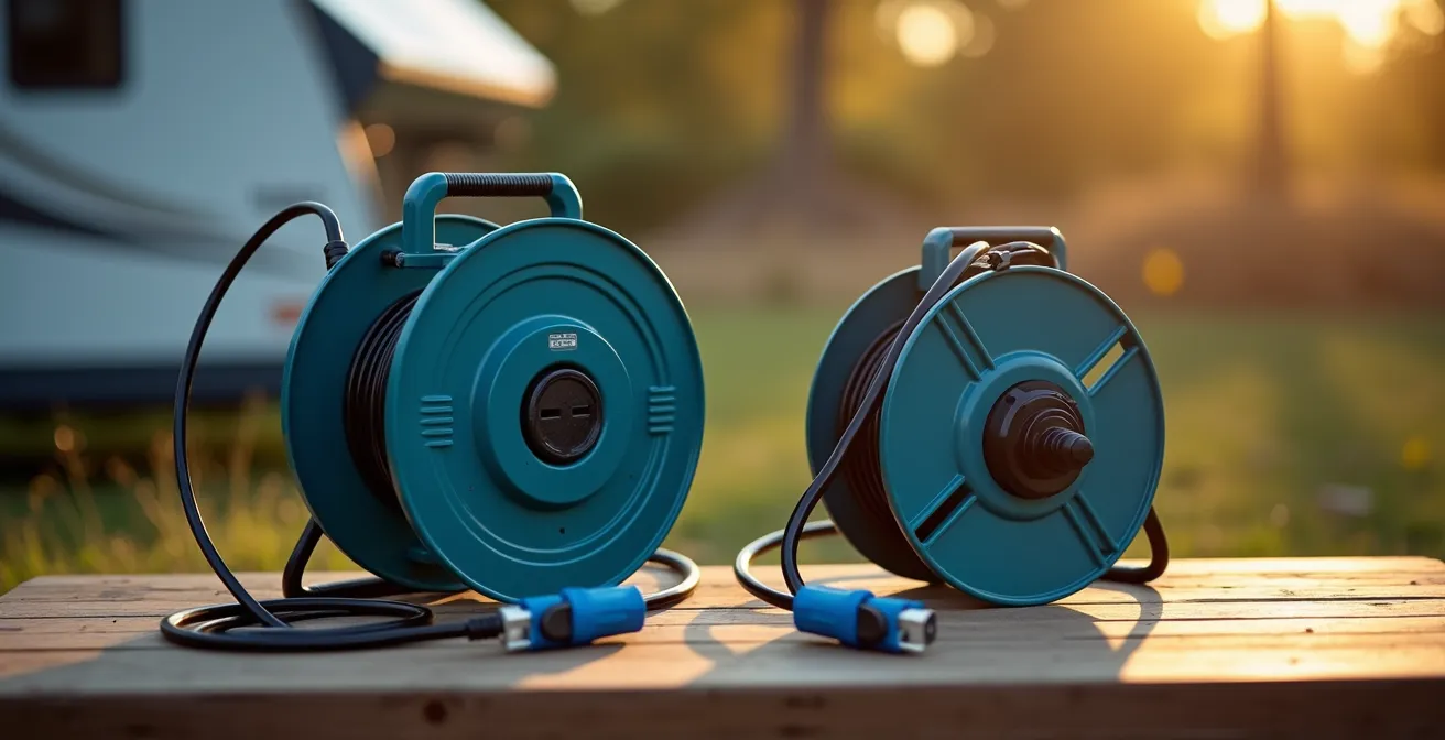 Direkter Vergleich zwischen einer robusten Camping-Kabeltrommel mit CEE-Steckern und einer einfachen Baumarkt-Kabeltrommel.