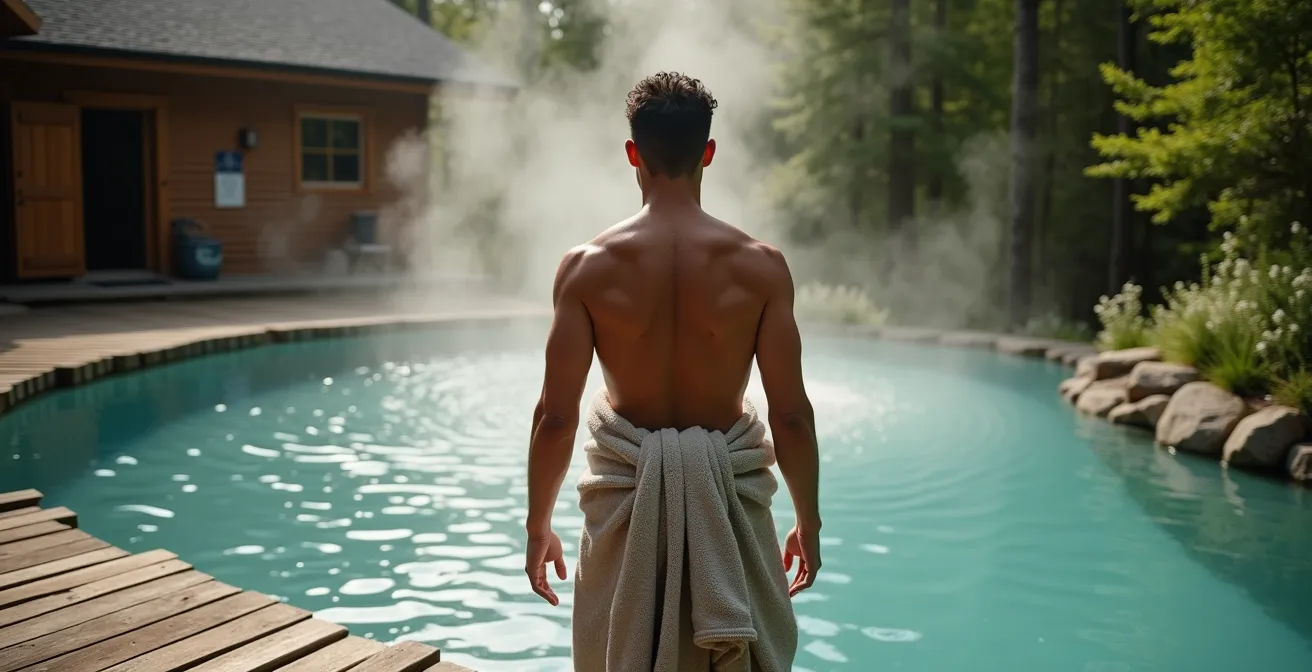 Natürliches Tauchbecken neben Holzsauna am Waldcampingplatz