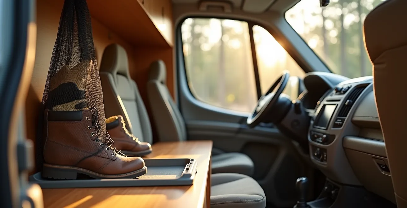 Kompakte Schuhtrockner-Lösung in einem engen Campervan-Innenraum