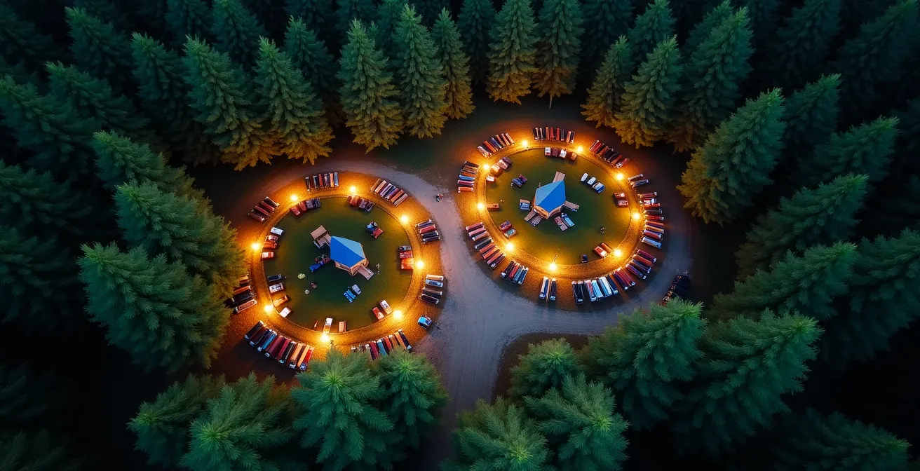 Campingplatz-Lageplan zeigt optimale Stellplatzwahl mit Abstand zur Animationsbühne