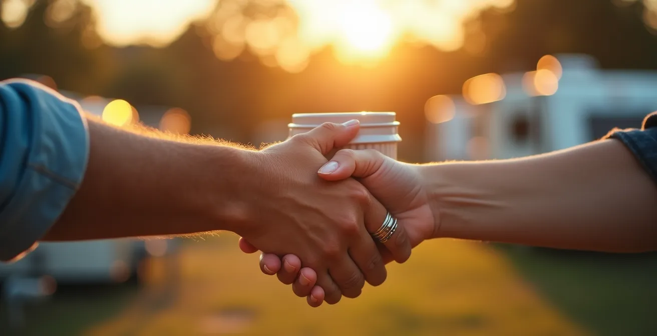 Freundliches Gespräch zwischen Campern am Wohnmobil