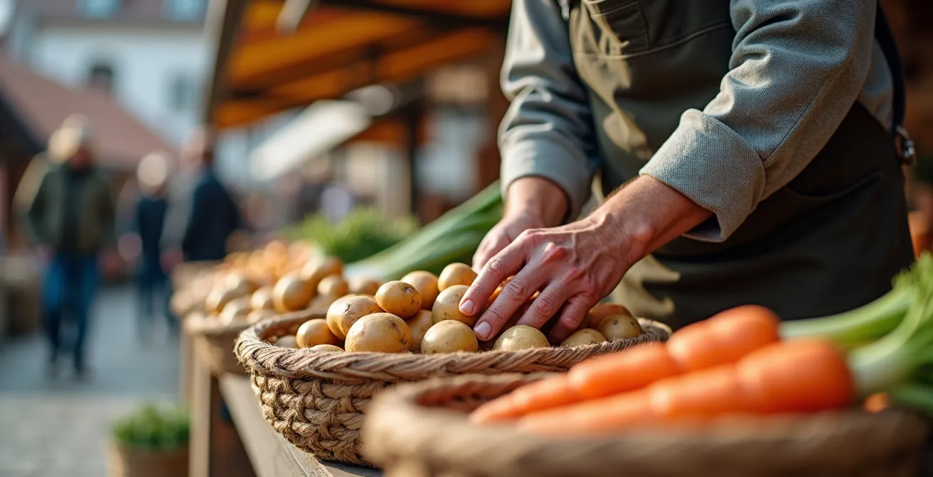 Lebhafter deutscher Bauernmarkt mit regionalen Produkten und Markthändlern