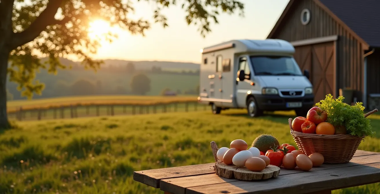 Ein Wohnmobil parkt idyllisch neben einer Scheune auf einem Bauernhof, was das Konzept von Landvergnügen symbolisiert.
