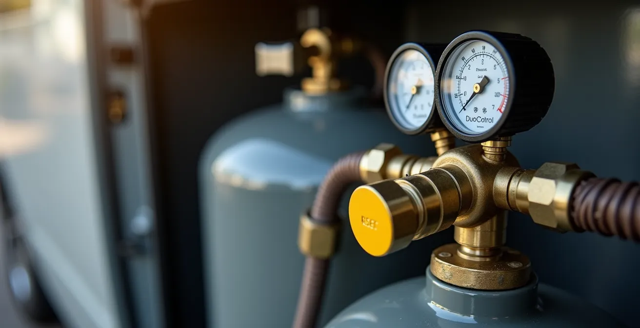 Nahaufnahme einer DuoControl Gasanlage mit zwei angeschlossenen Gasflaschen im Gaskasten