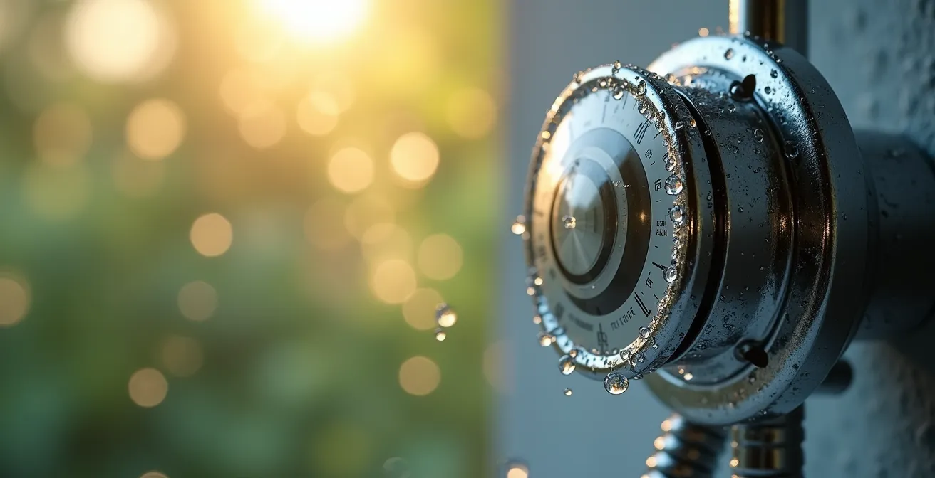 Moderne Duscharmatur mit digitalem Timer auf einem ökologischen Campingplatz