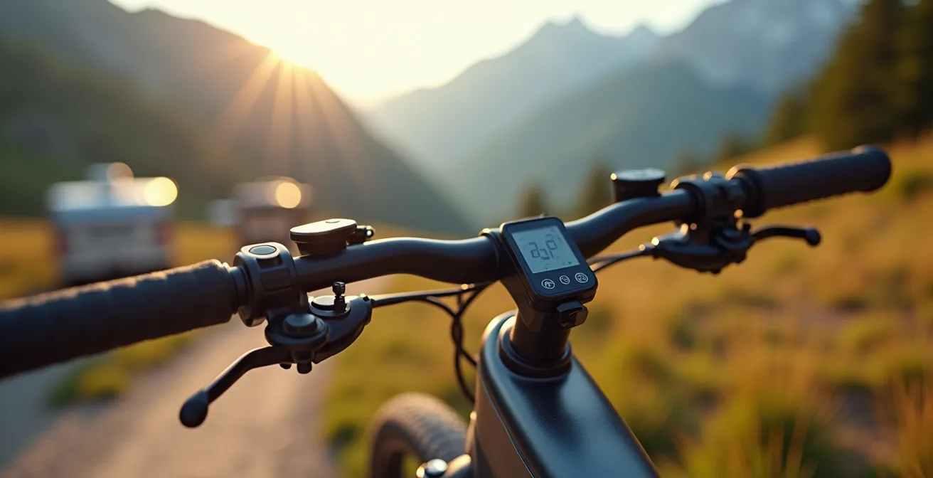 E-Bikes vor Bergpanorama mit Wanderweg und Stellplatz im Hintergrund