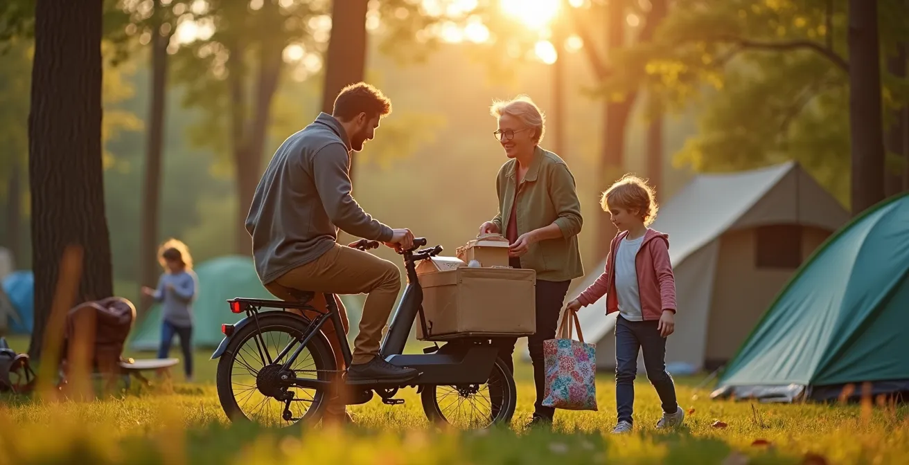 Familie mit E-Lastenrad auf waldumgebenem Campingplatz