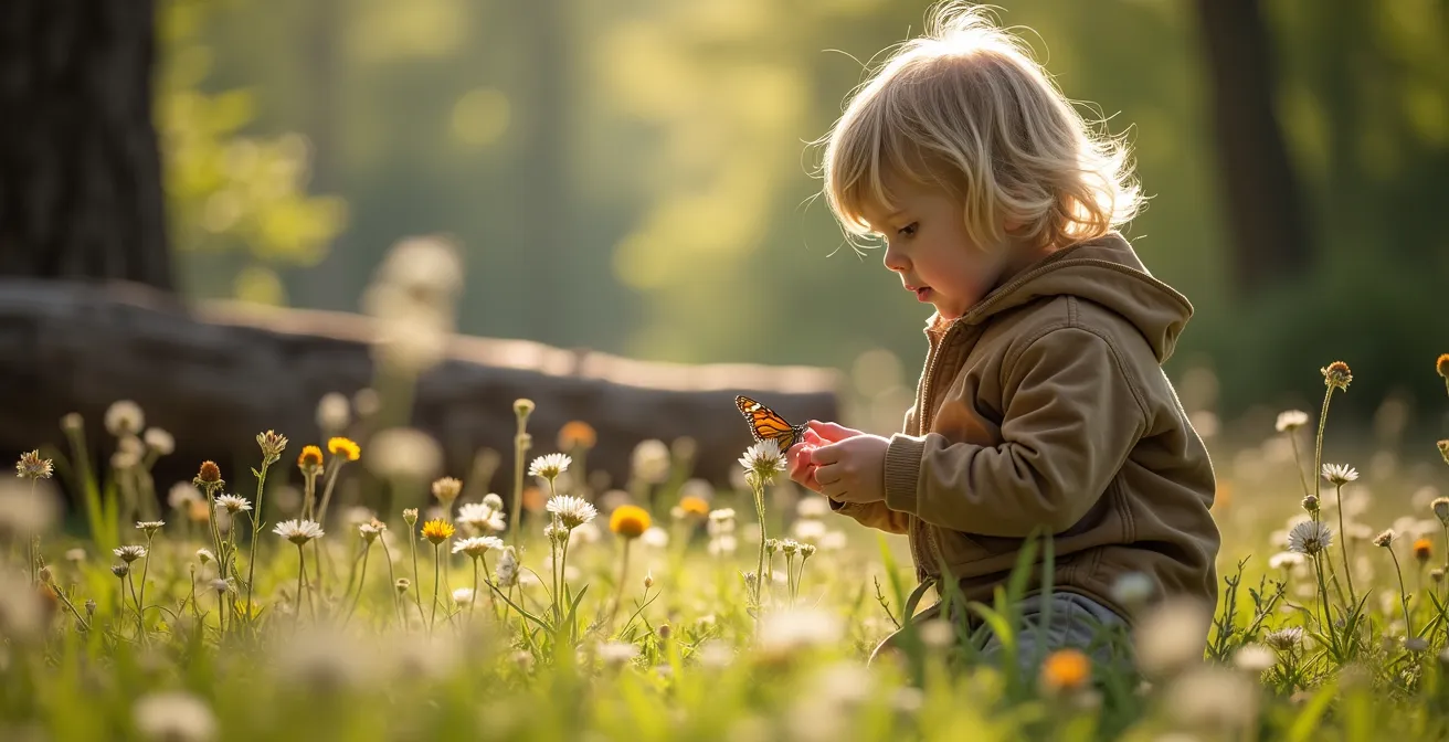 Naturbelassener Bereich eines ökologischen Campingplatzes mit Wildblumenwiese