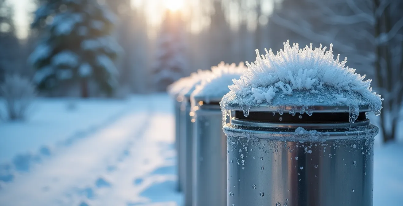 Winterliche Entsorgungsstation mit Frost und Eiszapfen