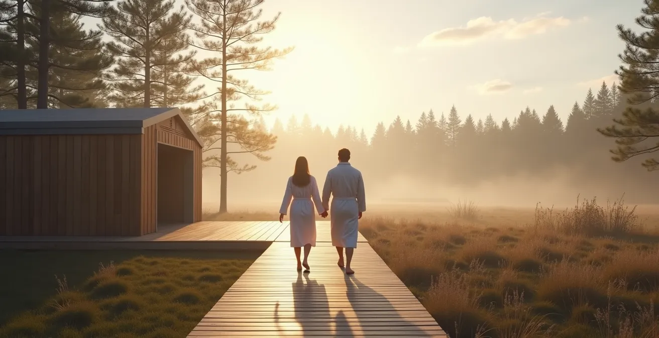 Entspanntes Paar in einer Sauna-Landschaft mit Blick auf Natur