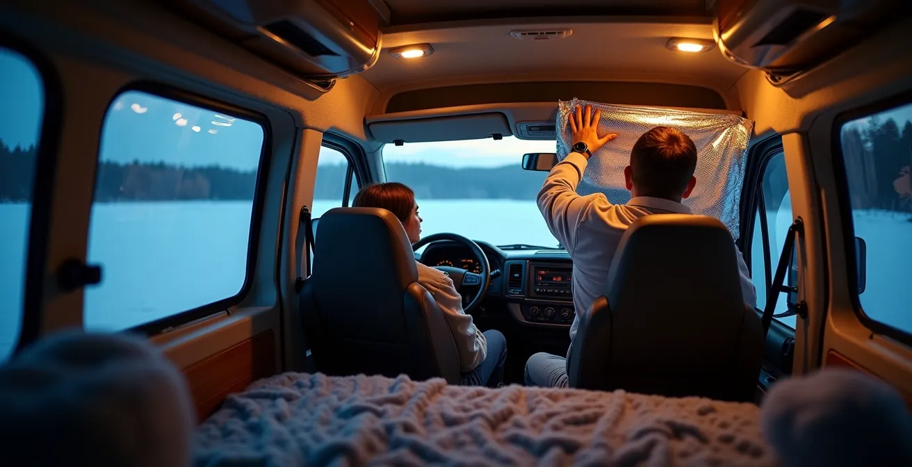 Innenansicht eines isolierten Fahrerhauses mit Thermomatten an den Fenstern