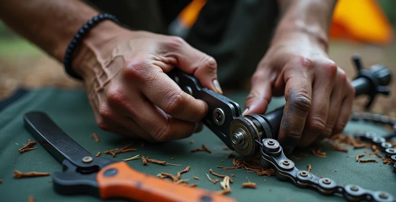 Makroaufnahme von Kettennieter und Werkzeug auf Campingplatz