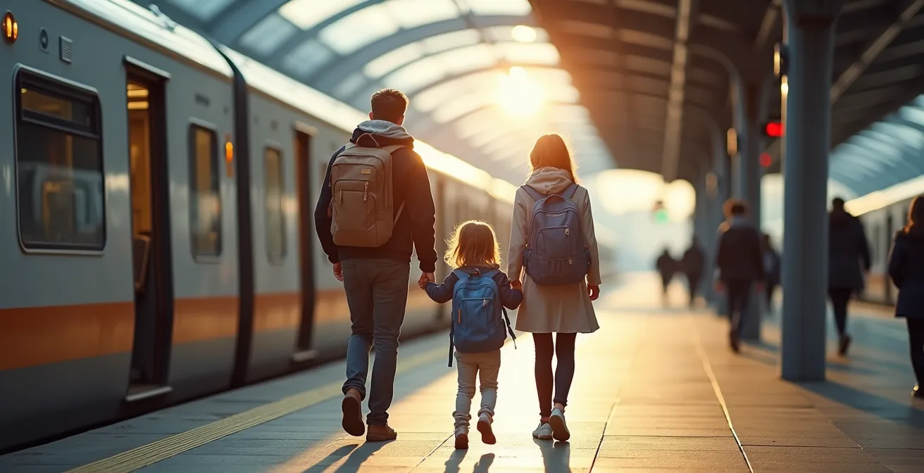 Familie mit Rucksäcken steigt aus S-Bahn am städtischen Bahnhof aus