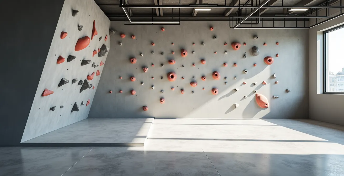 Athletisches Training in Boulderhalle zur Vorbereitung auf Hochseilgarten