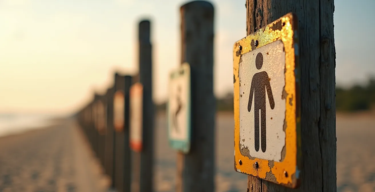 Makroaufnahme von Strandbeschilderung mit abstrakten Symbolen für verschiedene Strandbereiche im weichen Abendlicht