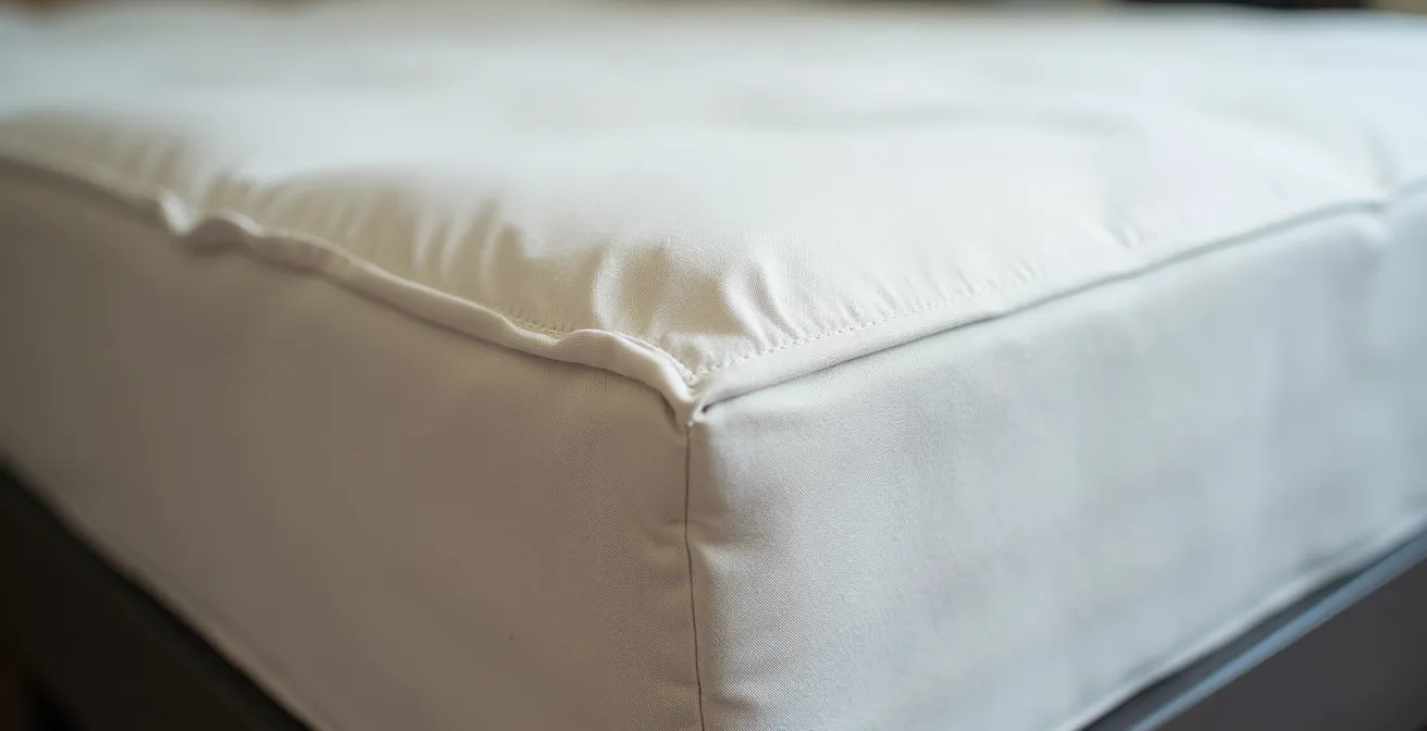 Französisches Bett im Wohnmobil mit speziellen Spannbettlaken, die die abgeschrägte Ecke perfekt abdecken.