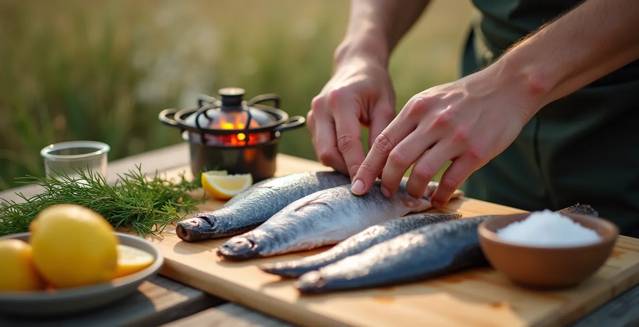 Frisch gefangener Fisch wird draußen auf einem Campingkocher zubereitet