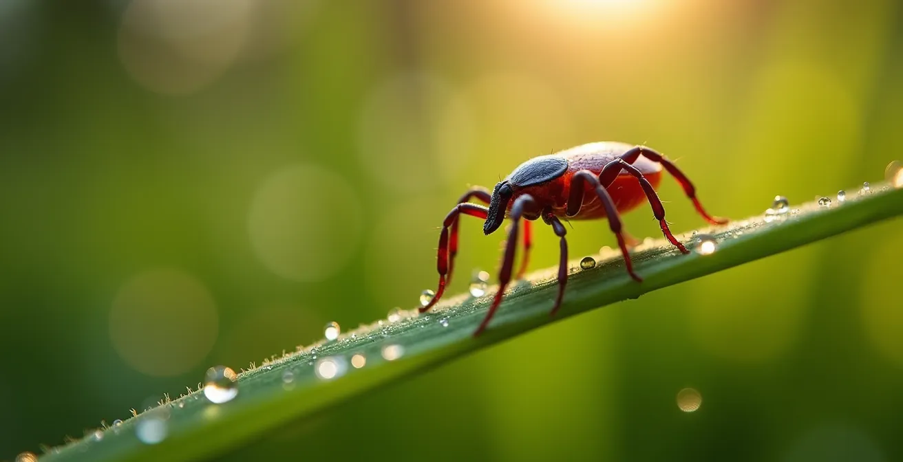 Detailaufnahme einer Zecke auf einem Grashalm mit unscharfem bayerischen Biergarten im Hintergrund