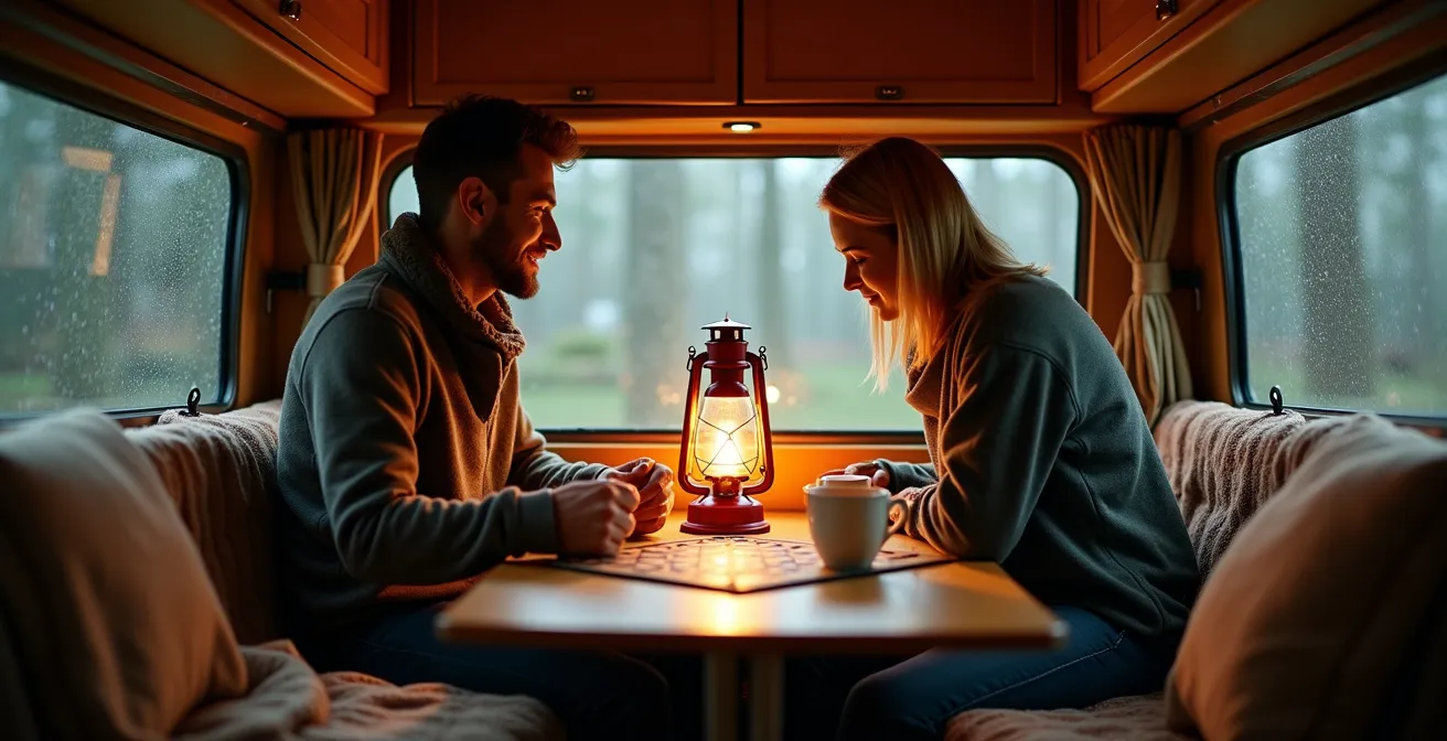Gemütliche Atmosphäre im Wohnmobil bei Regenwetter, wo zwei Personen ein Brettspiel spielen.