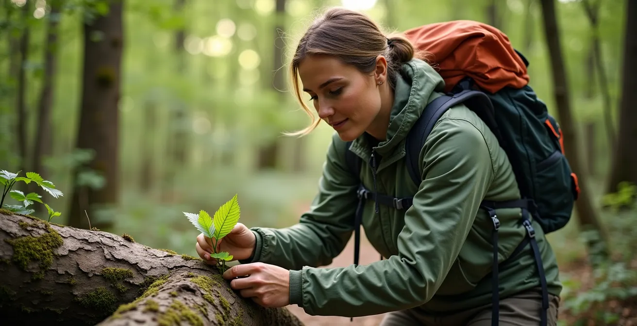 Geocacher sucht respektvoll im deutschen Wald und bleibt auf dem Weg.