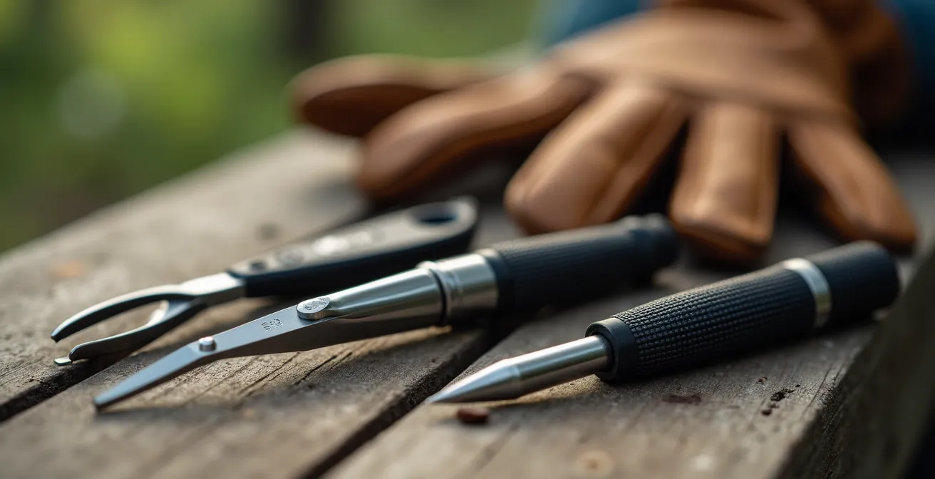 Geocaching-Ausrüstung mit Pinzette, Stift und Handschuhen, übersichtlich auf einem Holztisch arrangiert.