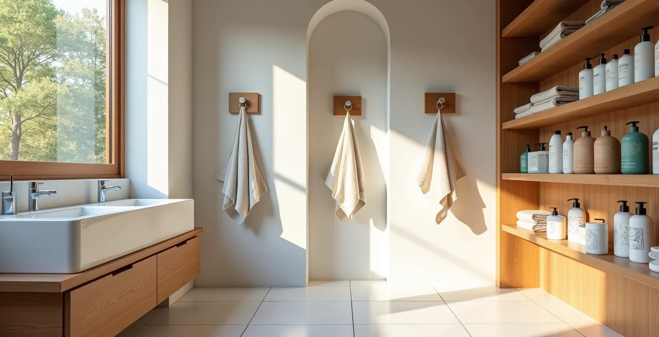 Großzügiger Stauraum in einem privaten Campingbad mit vielen Ablageflächen