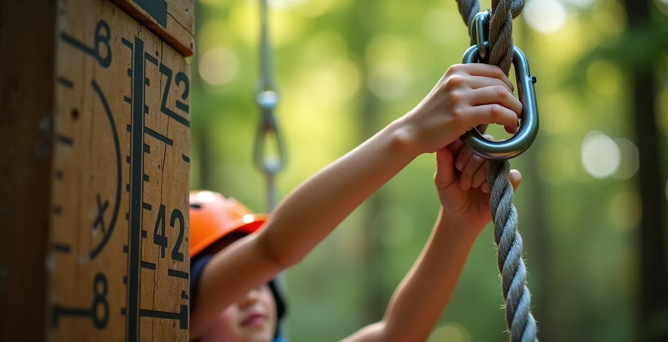 Messung der Greifhöhe eines Kindes für Hochseilgarten-Sicherheit