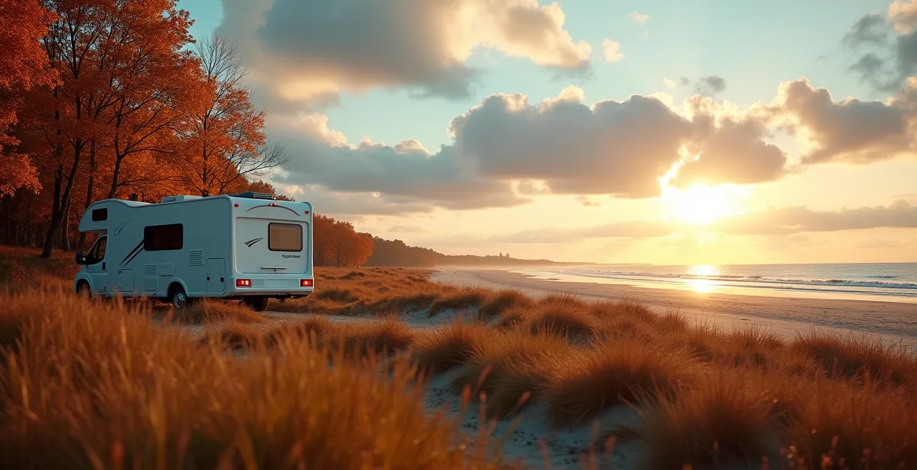 Wohnmobil steht auf einem fast leeren Campingplatz an der herbstlichen Ostseeküste im Oktober