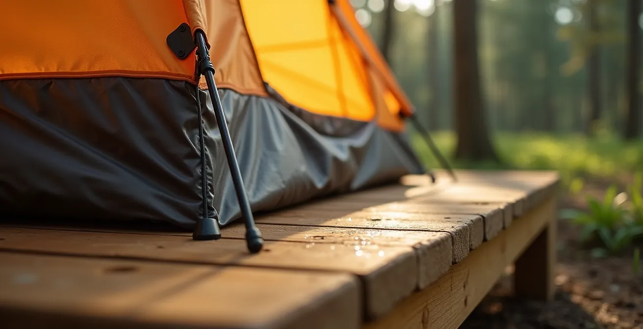 Makroaufnahme der erhöhten Holzplattform eines Safarizelts mit sichtbarer Bodenversiegelung