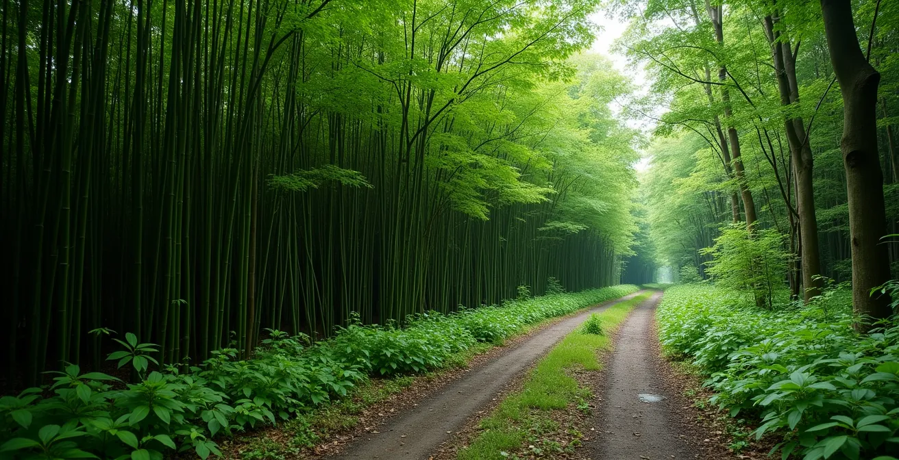 Weitwinkelaufnahme eines von Japanischem Staudenknöterich überwucherten Waldstücks mit erkennbarer Verdrängung heimischer Vegetation