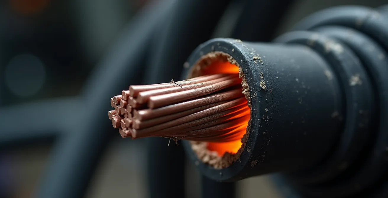 Aufgerollte Kabeltrommel mit sichtbarer Wärmeentwicklung, die die Gefahr des Wärmestaus symbolisiert.