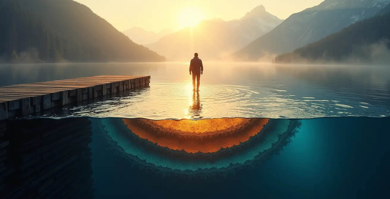 Querschnitt eines Bergsees mit sichtbaren Temperaturschichten, die die unsichtbare Gefahr des Kälteschocks symbolisieren