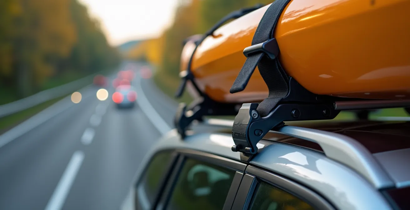 Nahaufnahme professioneller Kajak-Befestigung auf Autodach mit TÜV-geprüften Trägern