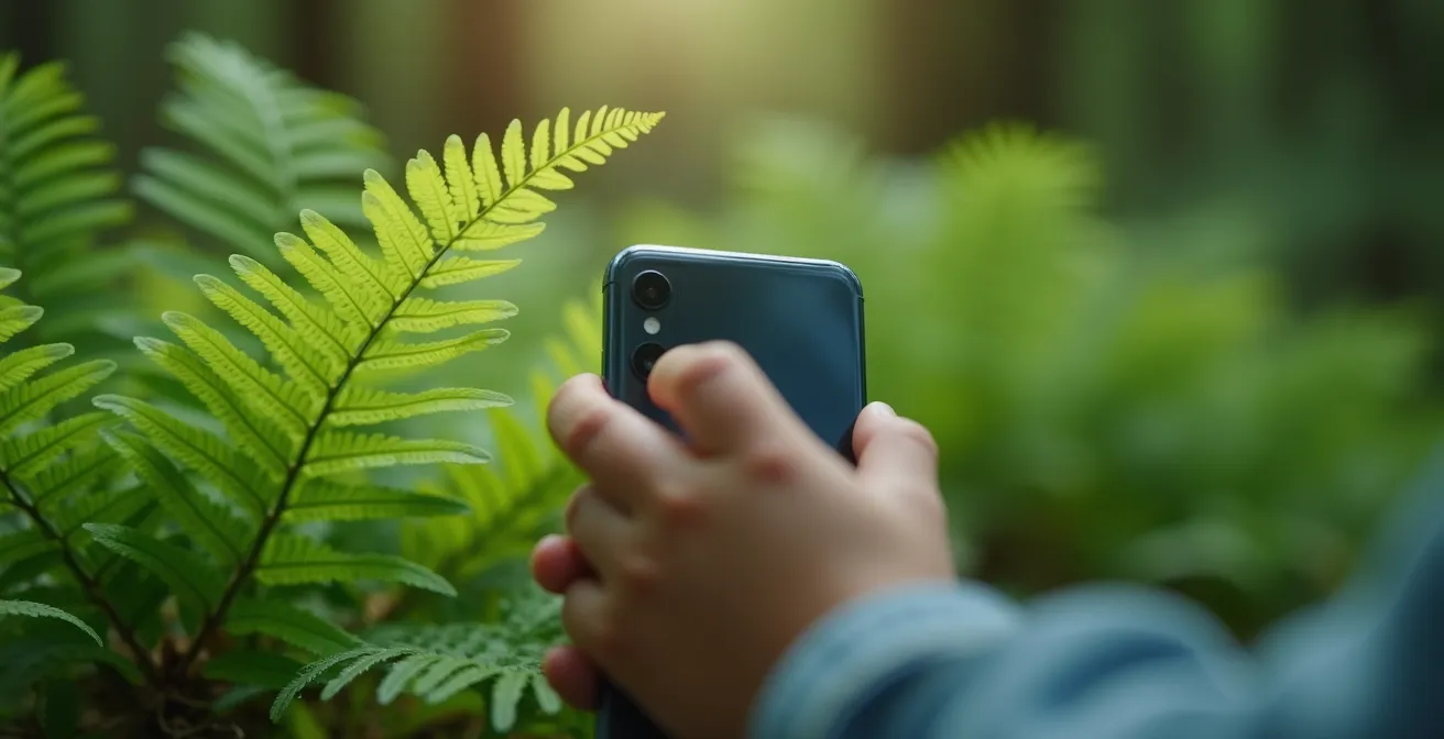 Kind nutzt eine Smartphone-App zur Pflanzenbestimmung einer Farnpflanze im deutschen Wald