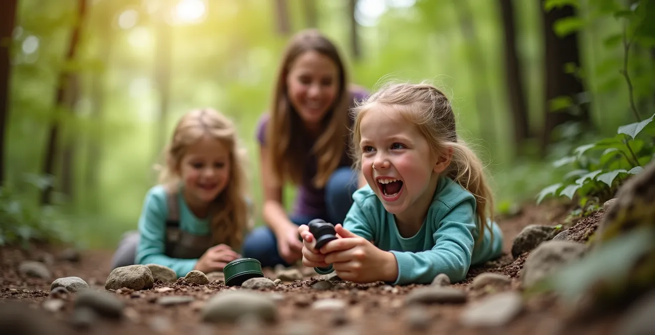 Begeisterte Kinder beim Geocaching während einer Bergwanderung