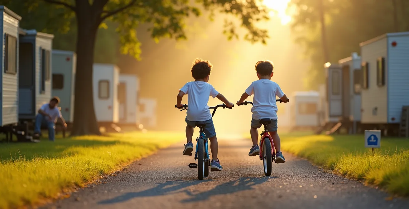 Kinder fahren sicher mit Fahrrädern auf autofreiem Weg zwischen Wohnwagen