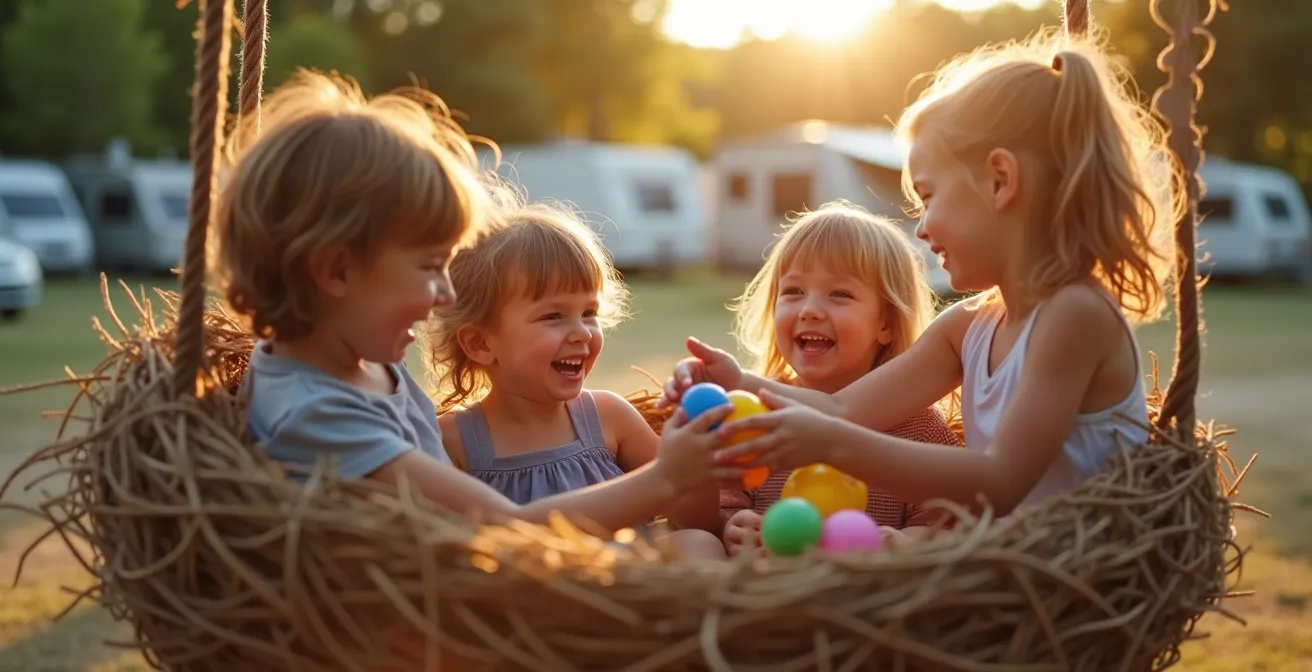 Kinder verschiedener Nationalitäten spielen zusammen auf einer Nestschaukel