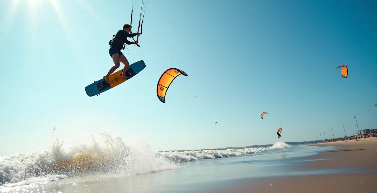 Weitwinkelaufnahme eines Ostseestrands mit deutlich markierten Zonen für Kitesurfer und abgetrennten Badebereichen