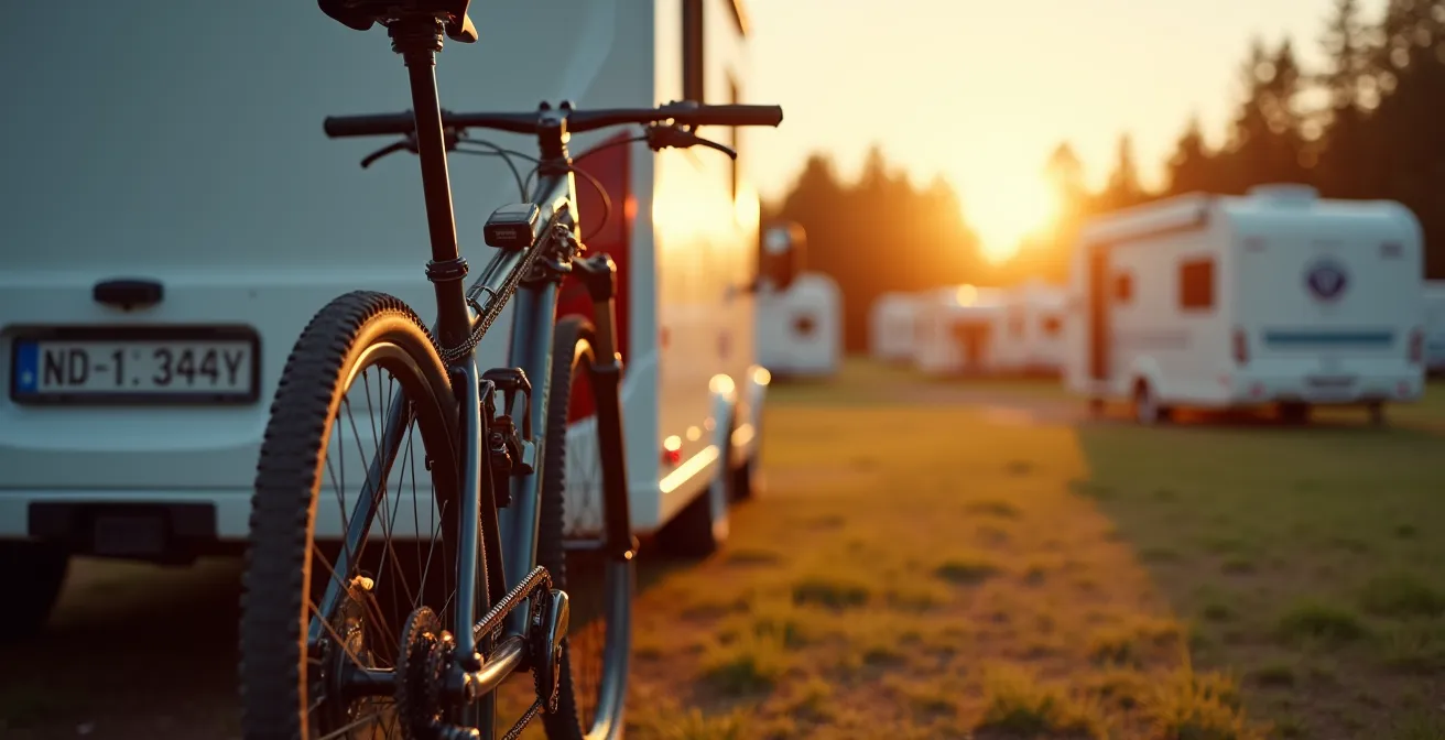 Mehrfach gesichertes Mountainbike an Wohnmobil-Anhängerkupplung bei Abenddämmerung