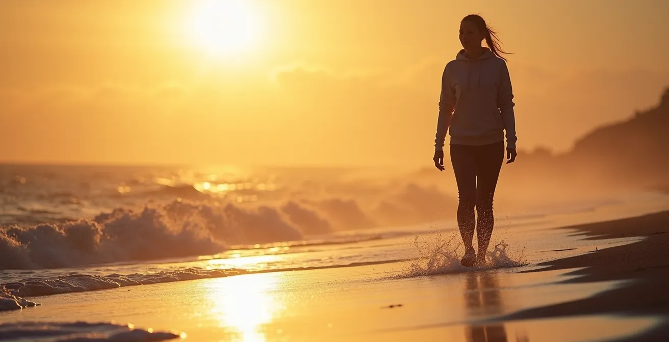 Person beim morgendlichen Spaziergang in der Brandungszone mit sichtbarem Salzaerosol
