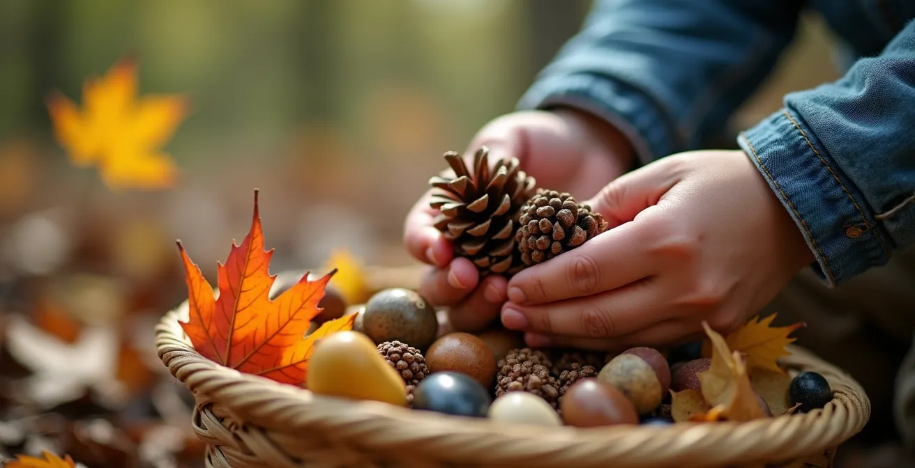 Kinder sammeln Naturmaterialien im Wald für kostenloses Basteln