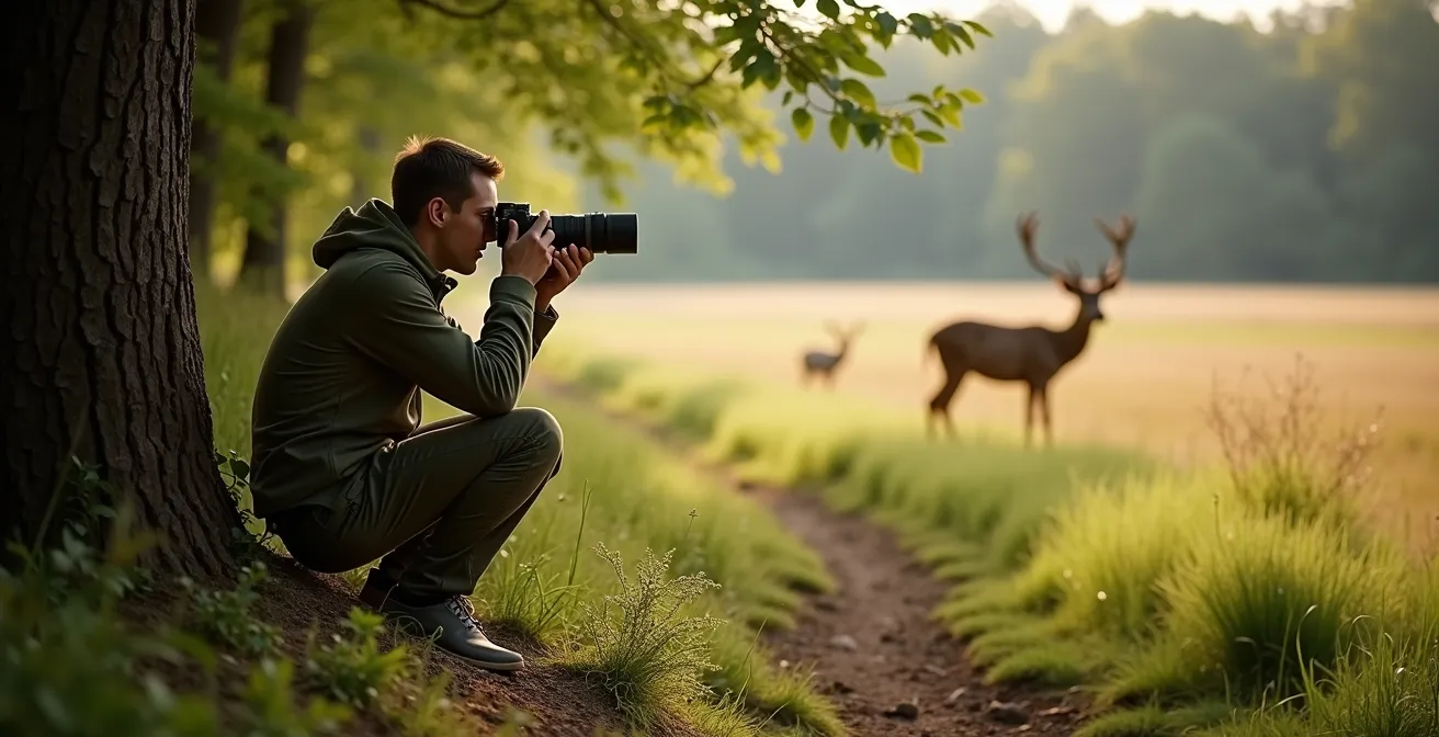 Naturbeobachter in Tarnkleidung beobachtet vorsichtig Rehe am Waldrand