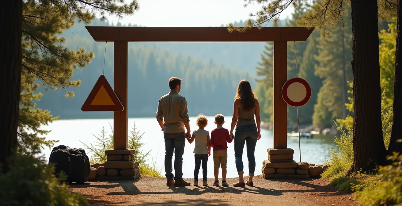 Familie steht am Ufer eines Sees vor abstrakten Hinweisschildern und prüft die Baderegeln.