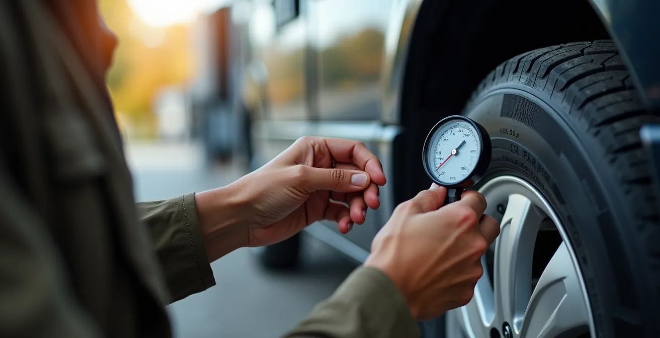 Detailaufnahme eines Reifendruckmessgeräts am Wohnmobilreifen mit optimaler Druckanzeige